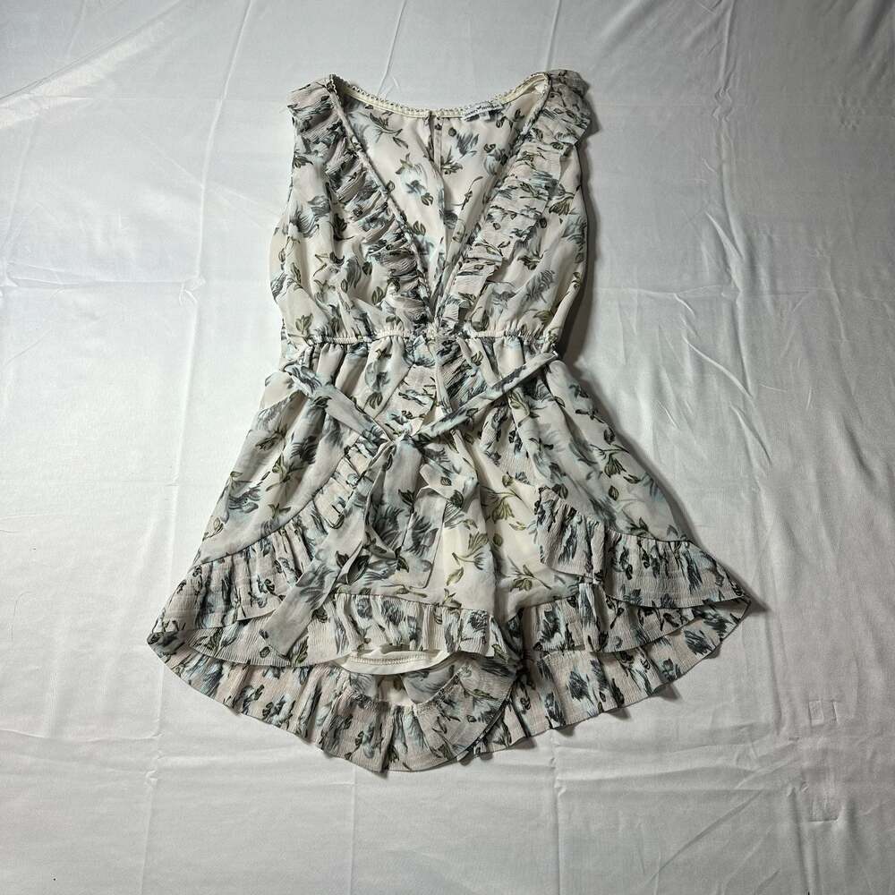 Dainty Hooligan Floral Ruffle Sleeveless Romper Playsuit S Boho Cream Blue Green